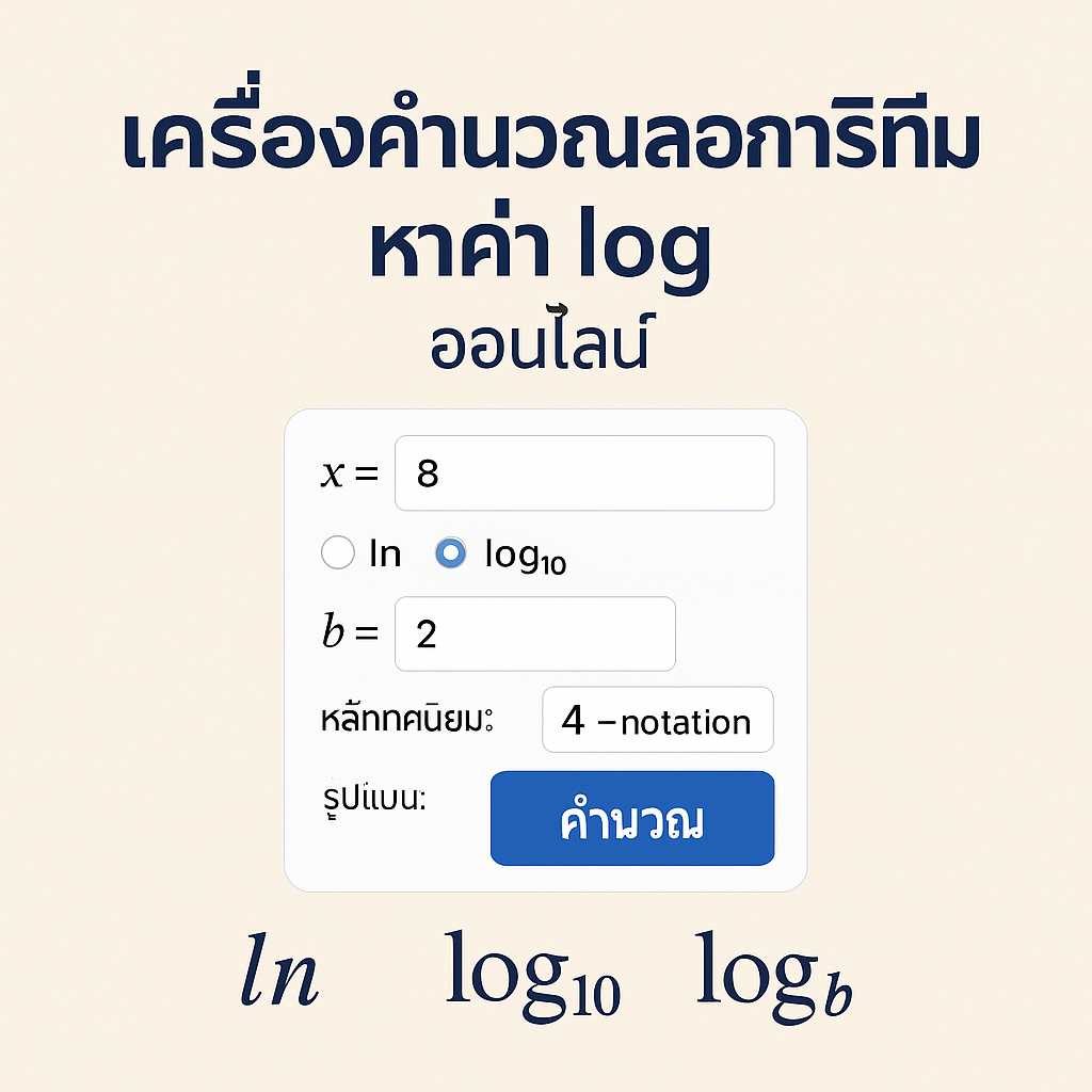 เครื่องคำนวณลอการิทึม (หาค่า log) ออนไลน์ — ln, log₁₀ และ log